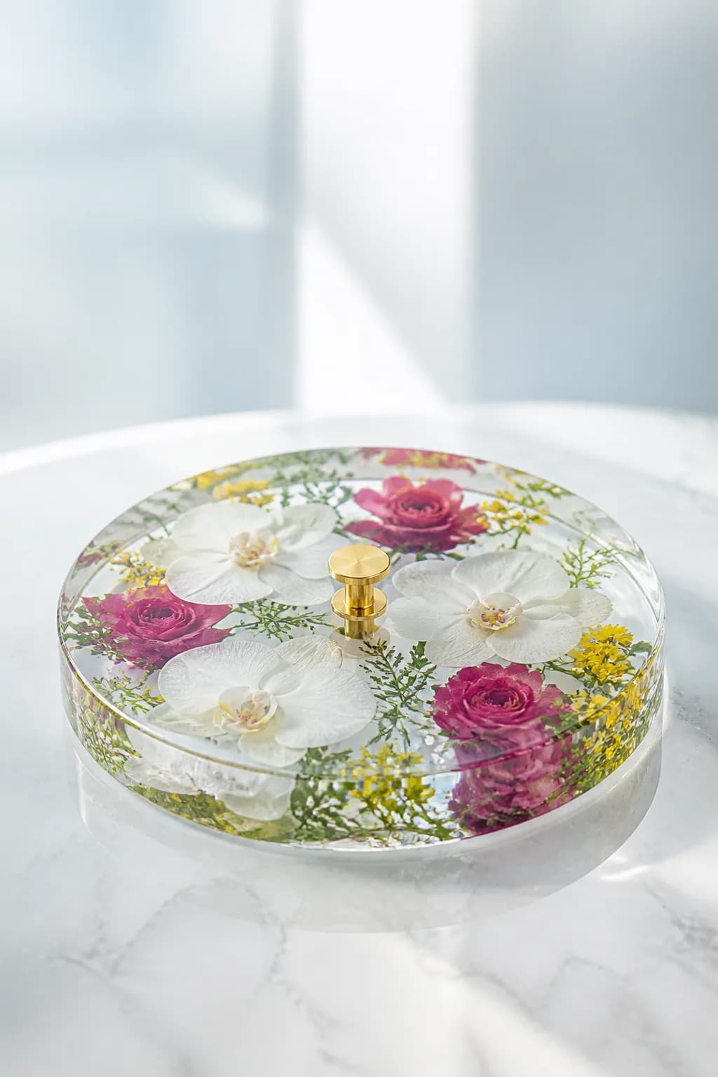 Bandeja de resina cristalina com flores preservadas por dentro