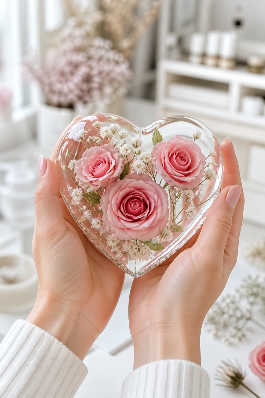 Peça em resina com rosas encapsuladas segurada nas mãos